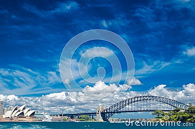 Beautiful dramatic cloudscape above the Sydney Opera House and Harbour bridge with cityscape views in sunshine day. Editorial Stock Photo